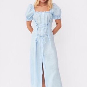 SLEEPER MARQUISE LINEN DRESS IN AZURE BLUE Size: XS
